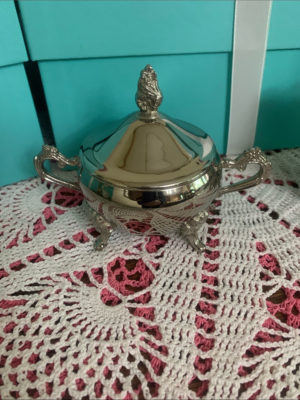 Silver Finish Covered Sugar Bowl with Ornate Handles